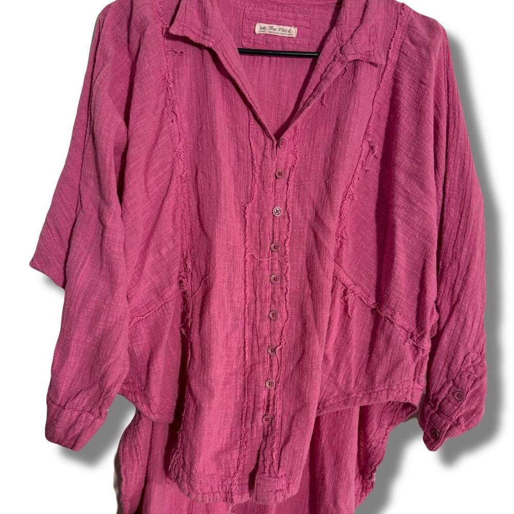 We The Free People Button Top Small Oversized Gauze Long Sleeve Boho Beach Pink